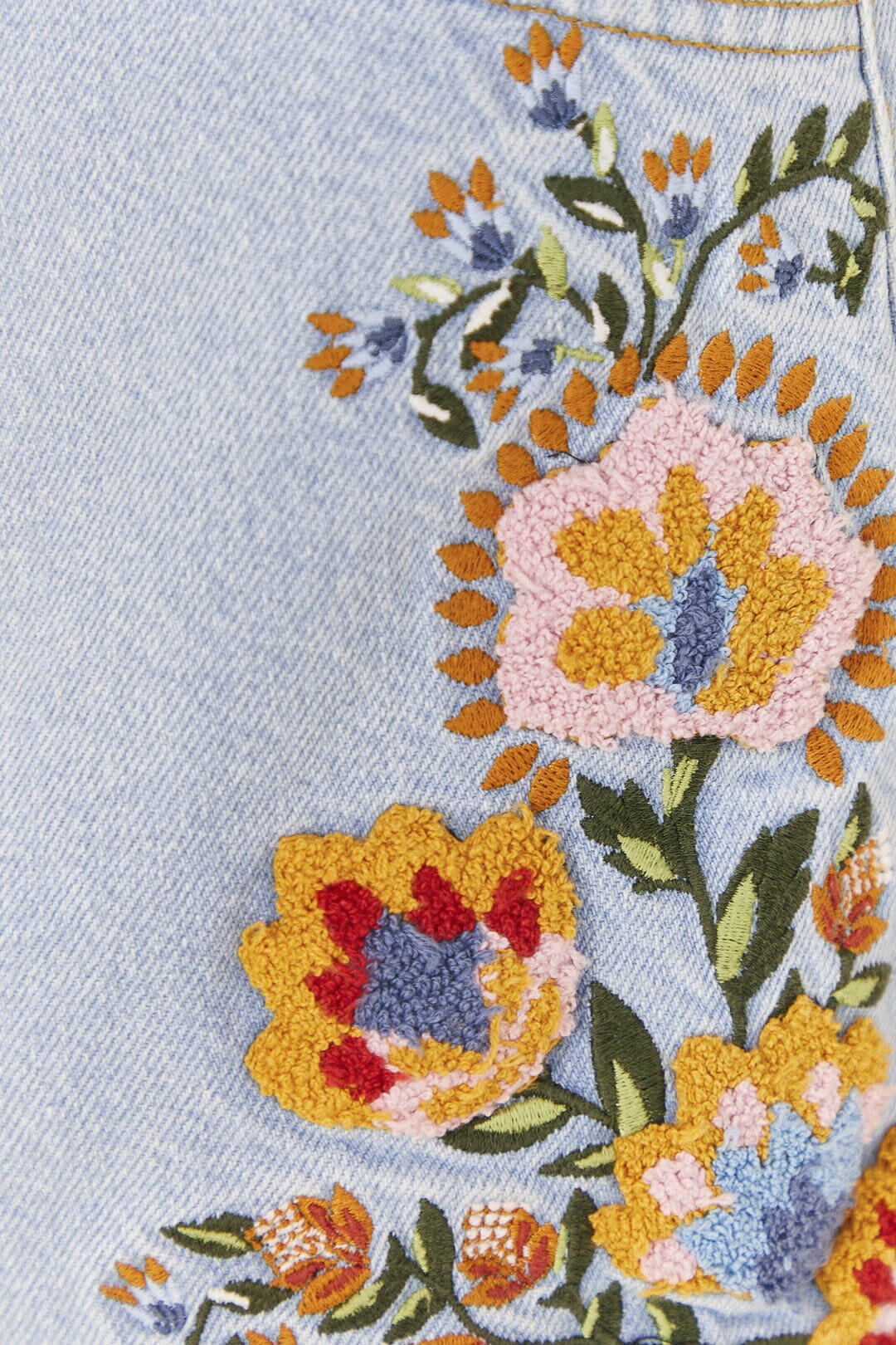 Farm Rio Summer Garden Embroidered Denim Shorts