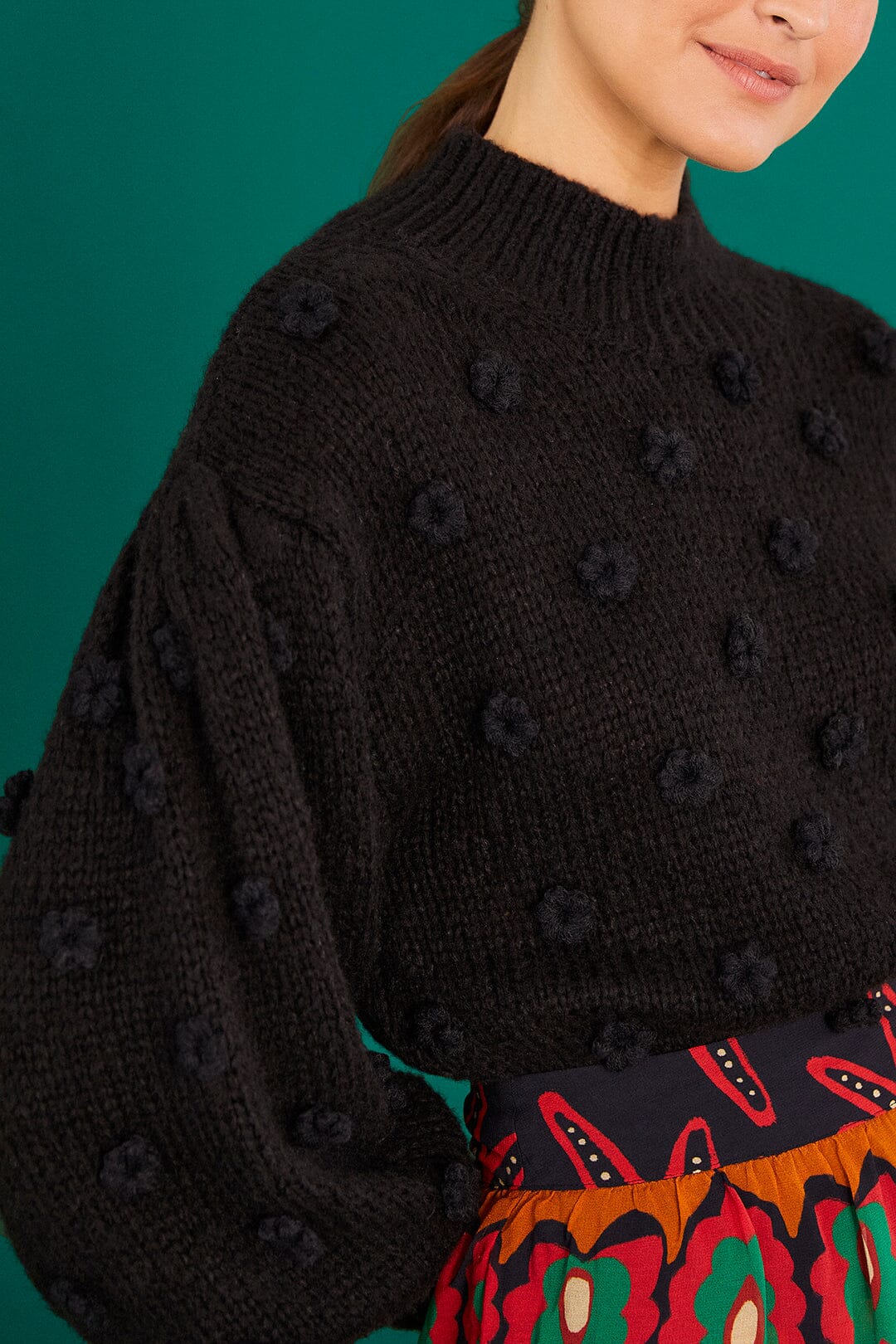 Farm Rio Black Handmade Flowers Sweater