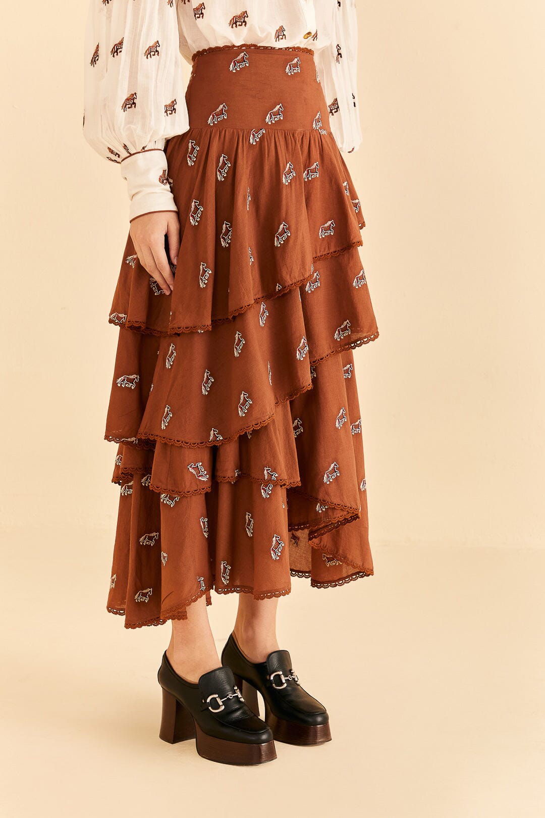 Farm Rio Caramel Embroidered Horses Layered Maxi Skirt