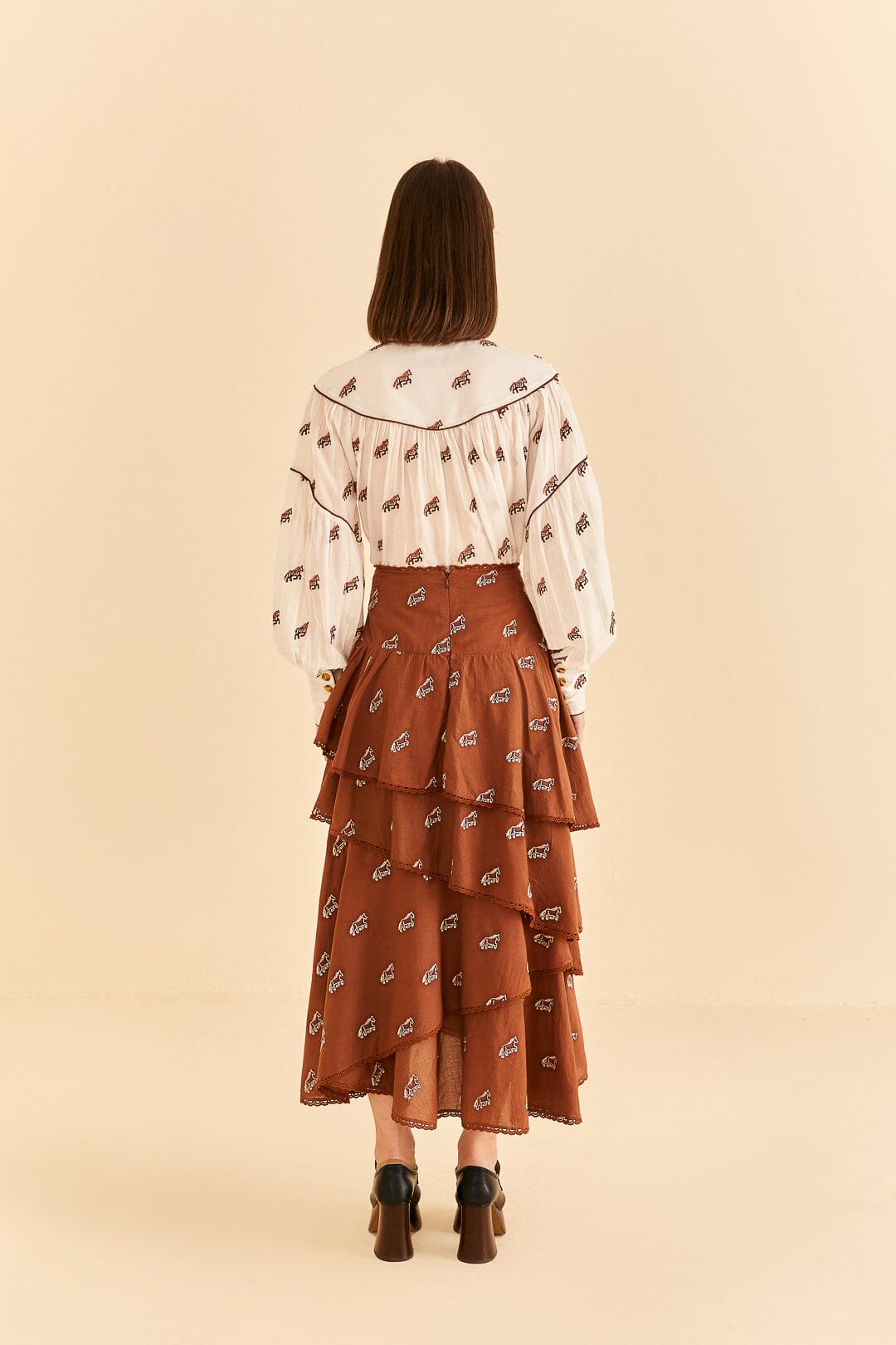 Farm Rio Caramel Embroidered Horses Layered Maxi Skirt