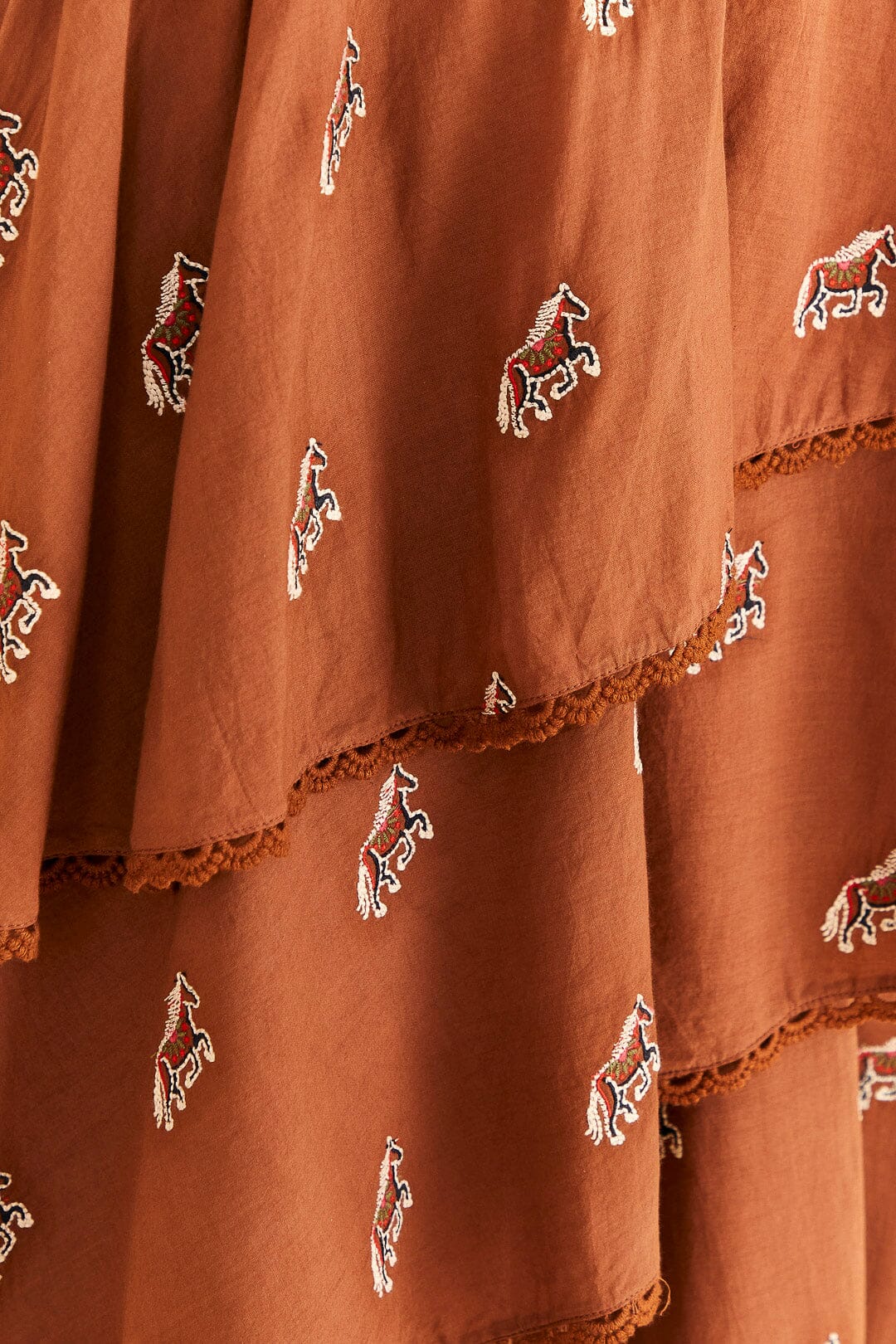 Farm Rio Caramel Embroidered Horses Layered Maxi Skirt
