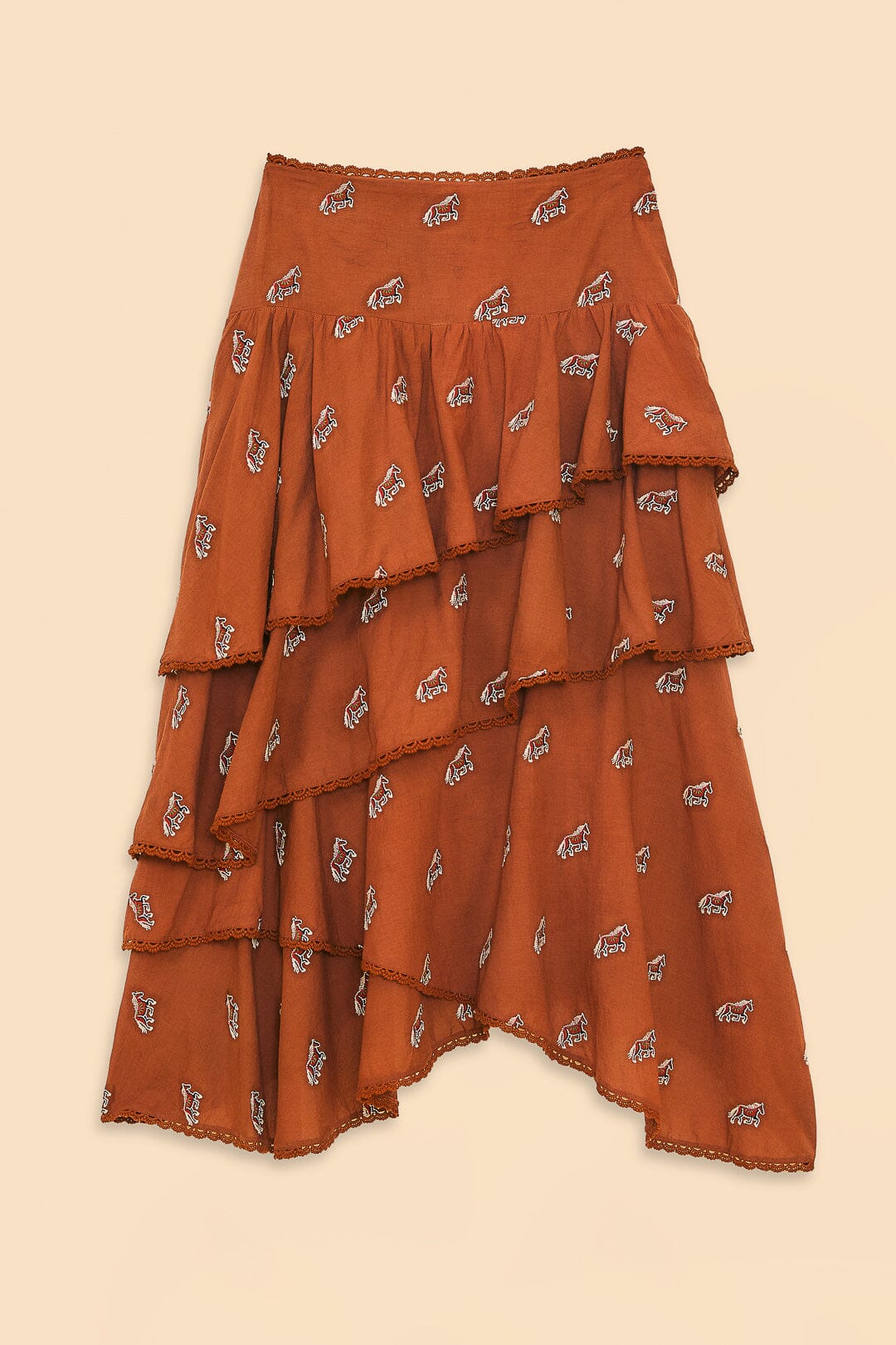 Farm Rio Caramel Embroidered Horses Layered Maxi Skirt