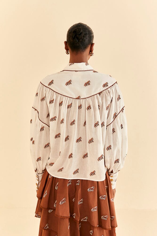 Farm Rio Off-White Embroidered Horses Blouse