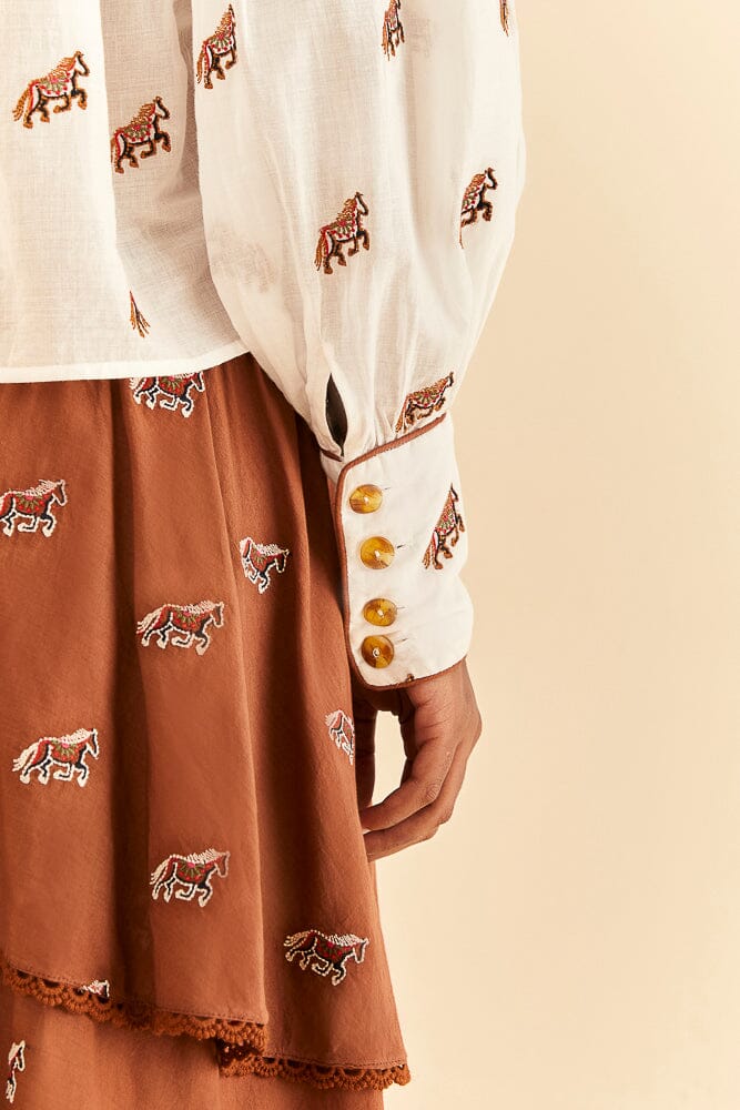 Farm Rio Off-White Embroidered Horses Blouse
