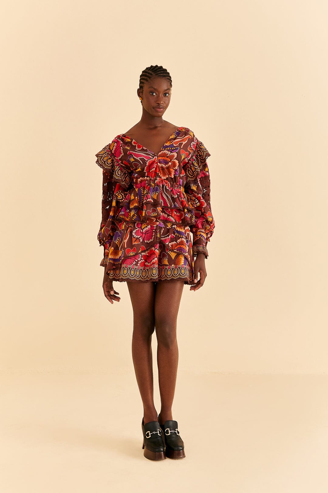 Farm Rio Brown Bright Flora Mini Skirt