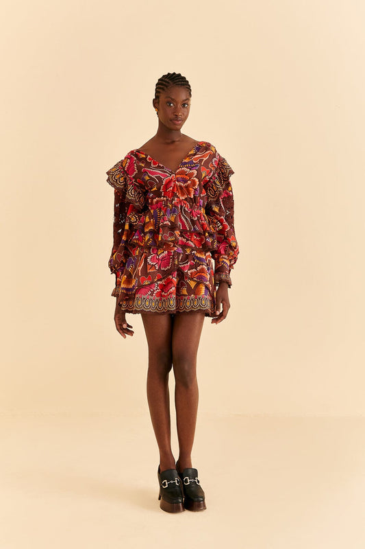 Farm Rio Brown Bright Flora Mini Skirt