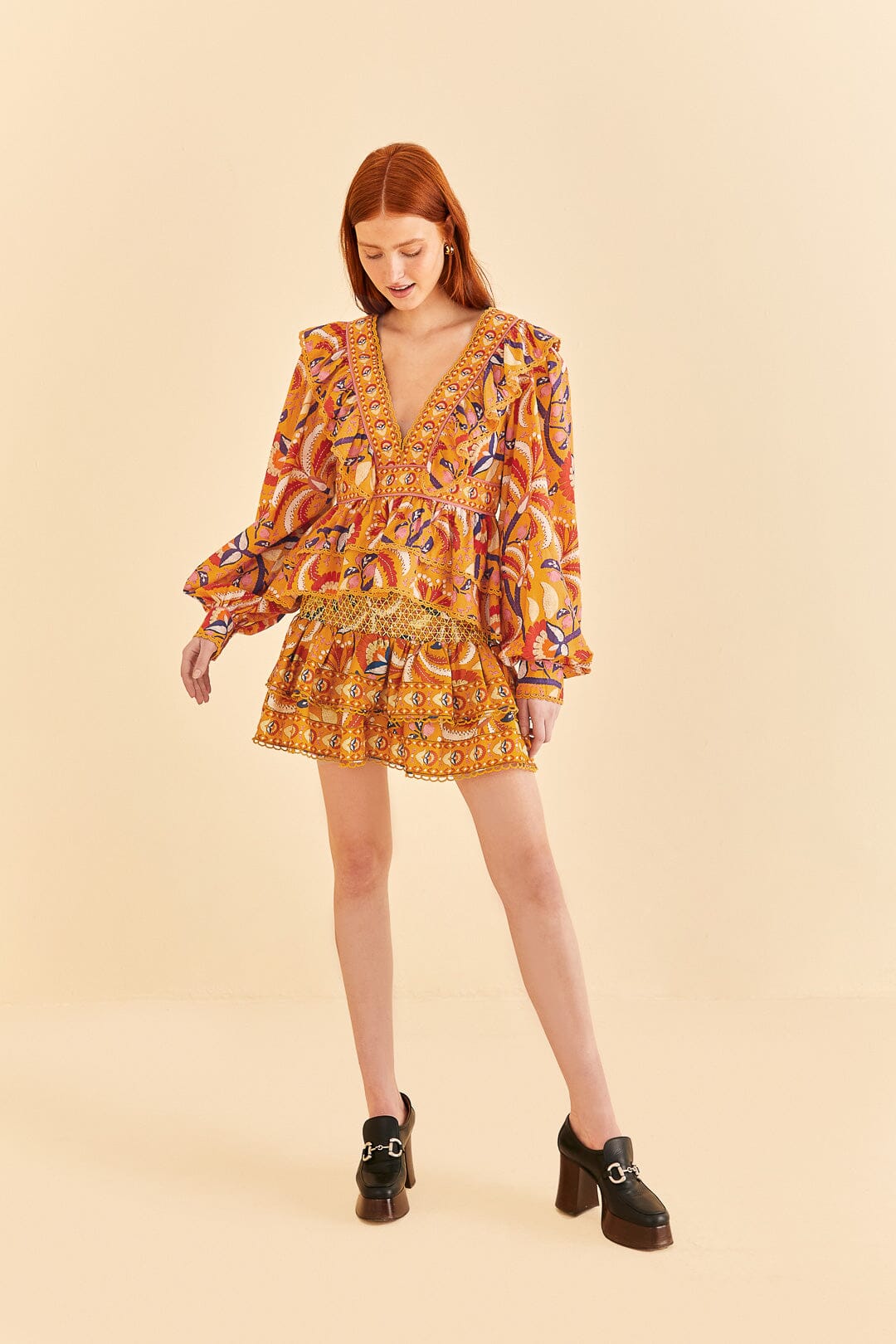 Farm Rio Yellow Palms Party Ruffle Blouse