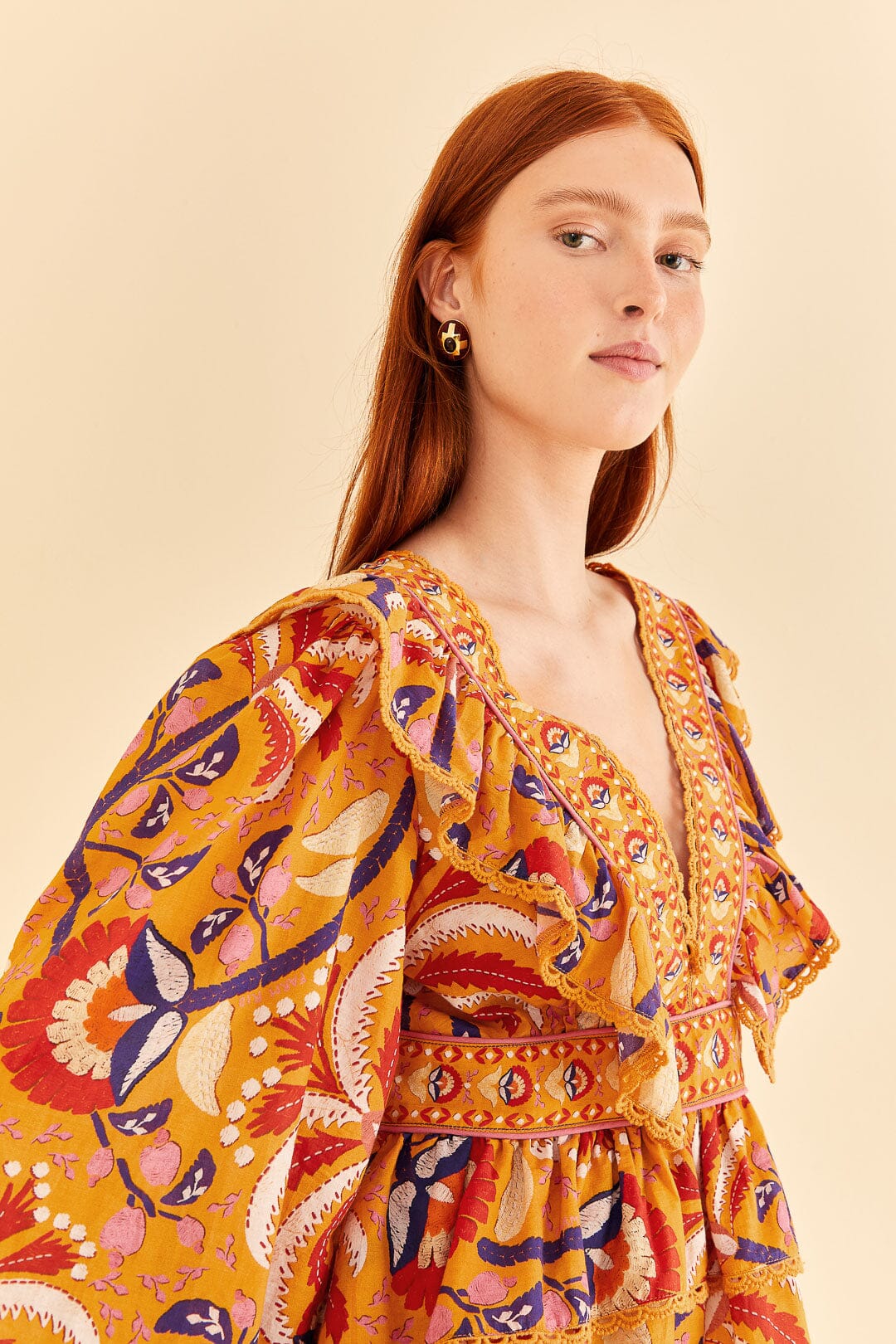Farm Rio Yellow Palms Party Ruffle Blouse