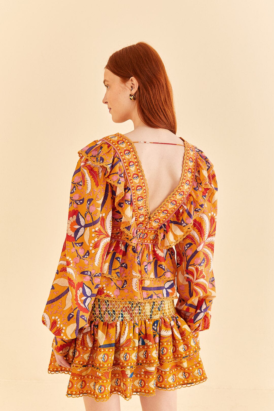 Farm Rio Yellow Palms Party Ruffle Blouse