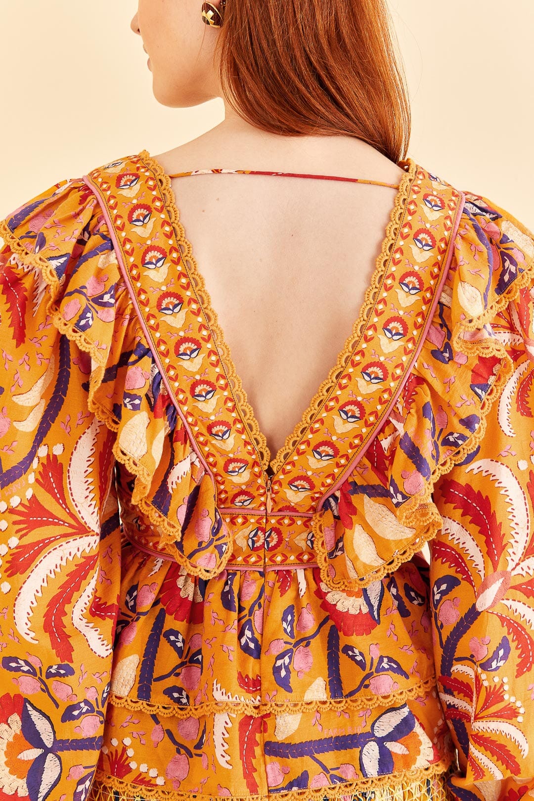 Farm Rio Yellow Palms Party Ruffle Blouse