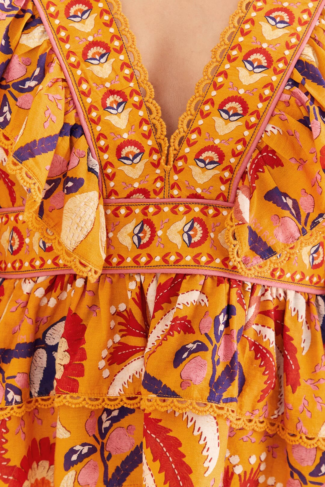 Farm Rio Yellow Palms Party Ruffle Blouse