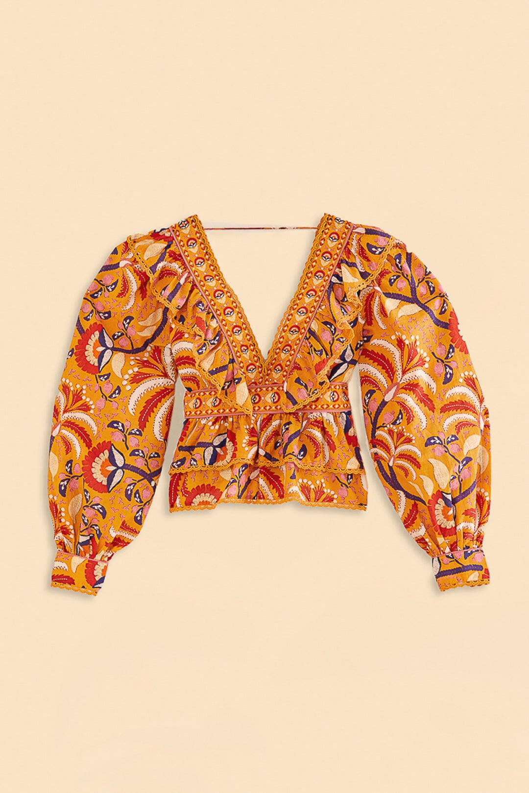 Farm Rio Yellow Palms Party Ruffle Blouse