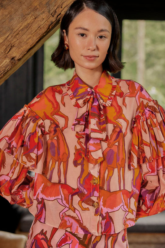 Farm Rio Rose Wild Horses Bow Neck Tie Blouse