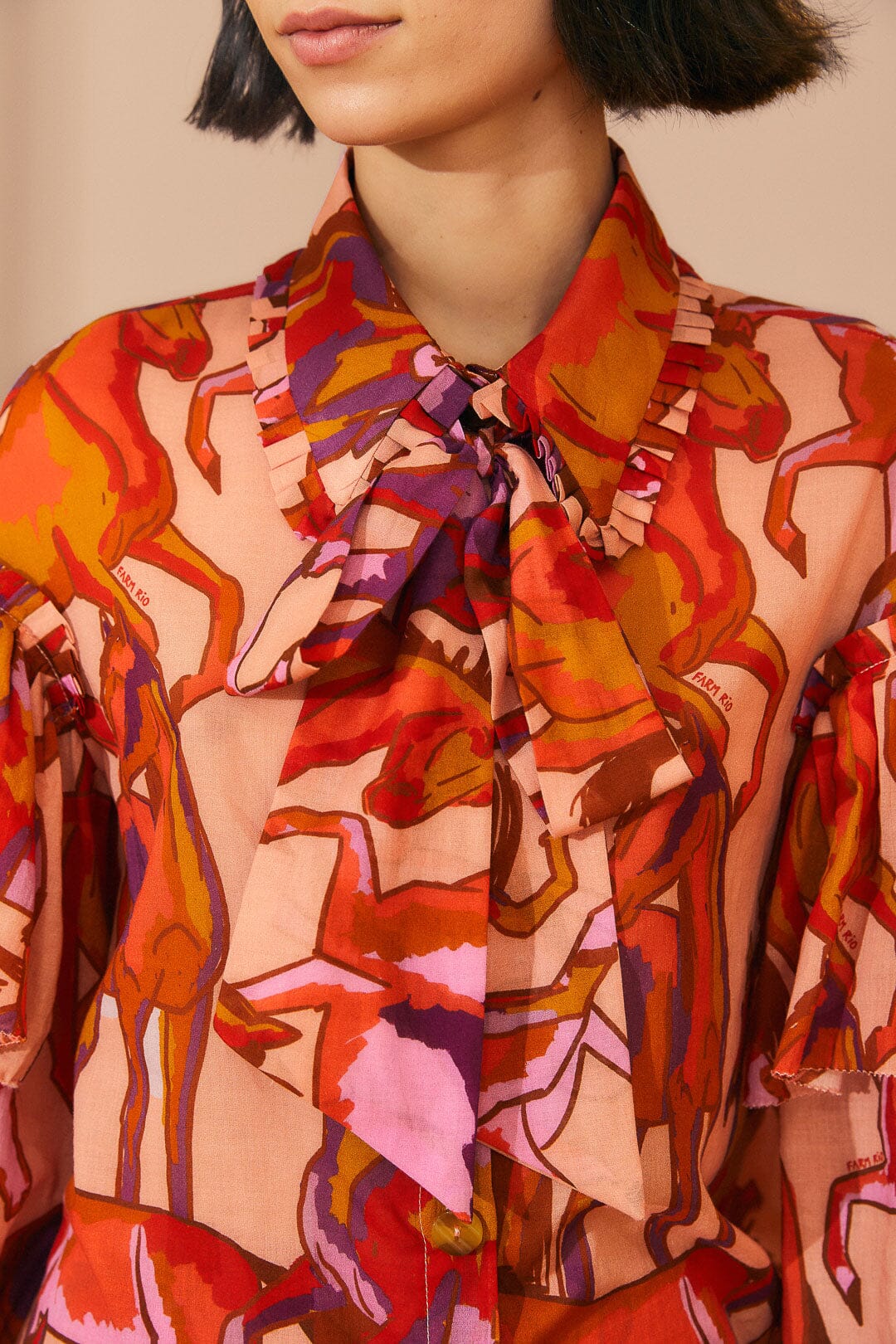 Farm Rio Rose Wild Horses Bow Neck Tie Blouse