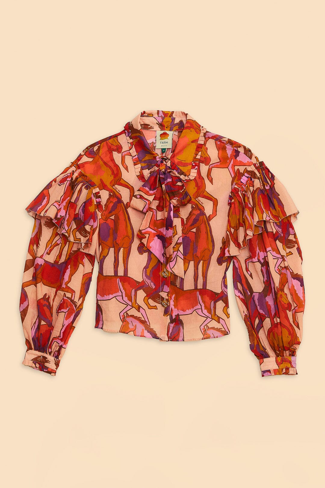 Farm Rio Rose Wild Horses Bow Neck Tie Blouse