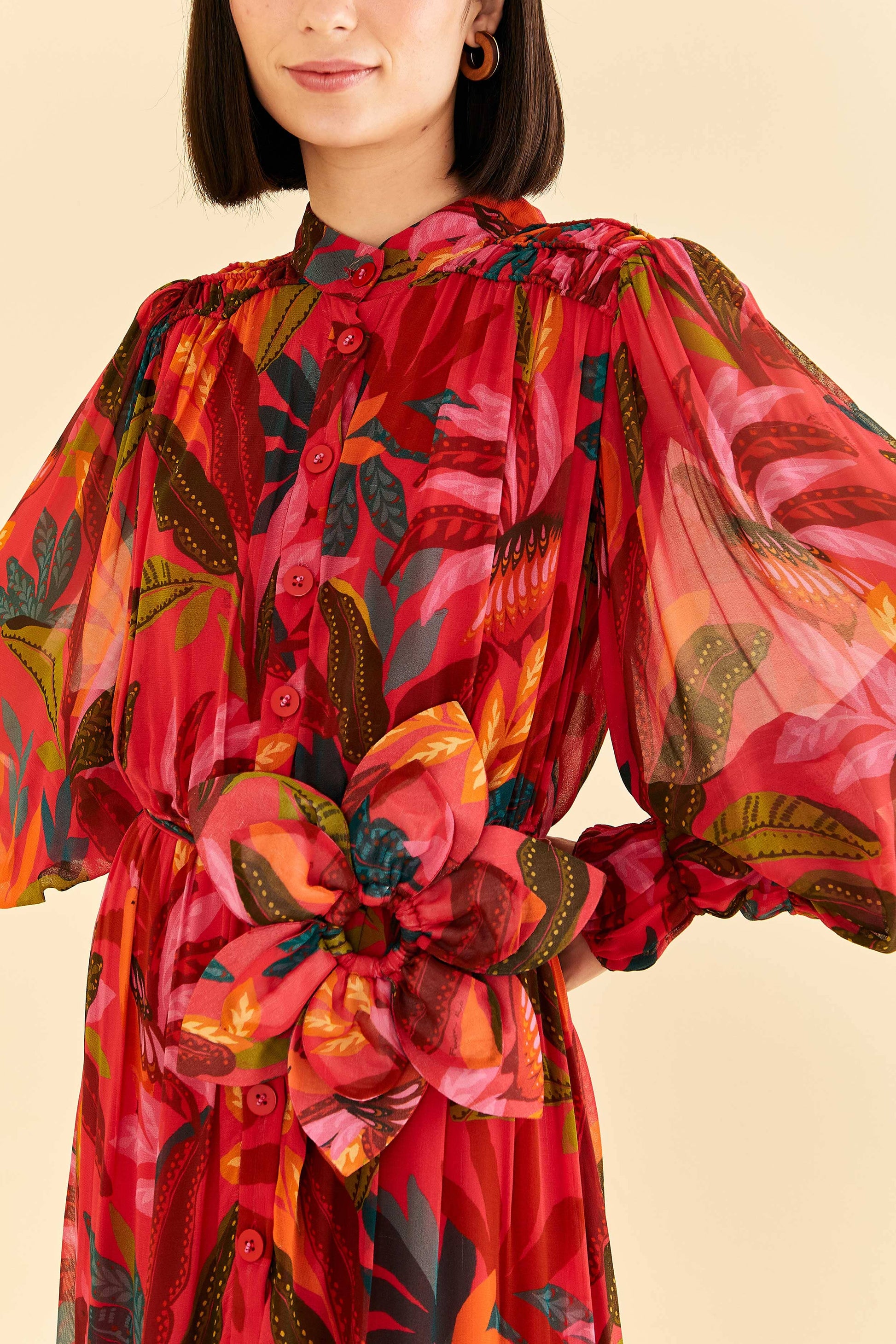 Farm Rio Red Rooster Leaves Long Sleeve Maxi Dress