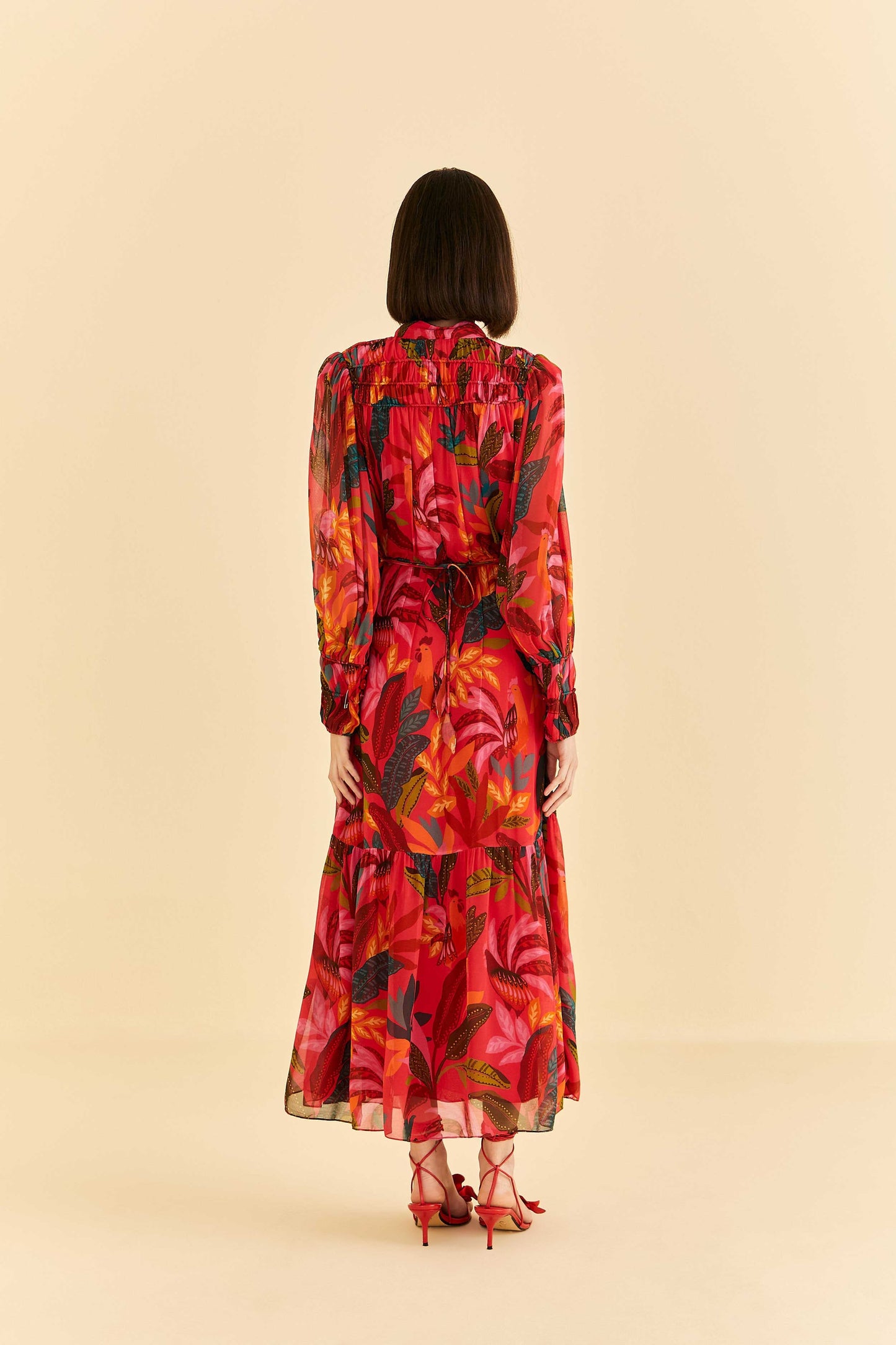 Farm Rio Red Rooster Leaves Long Sleeve Maxi Dress