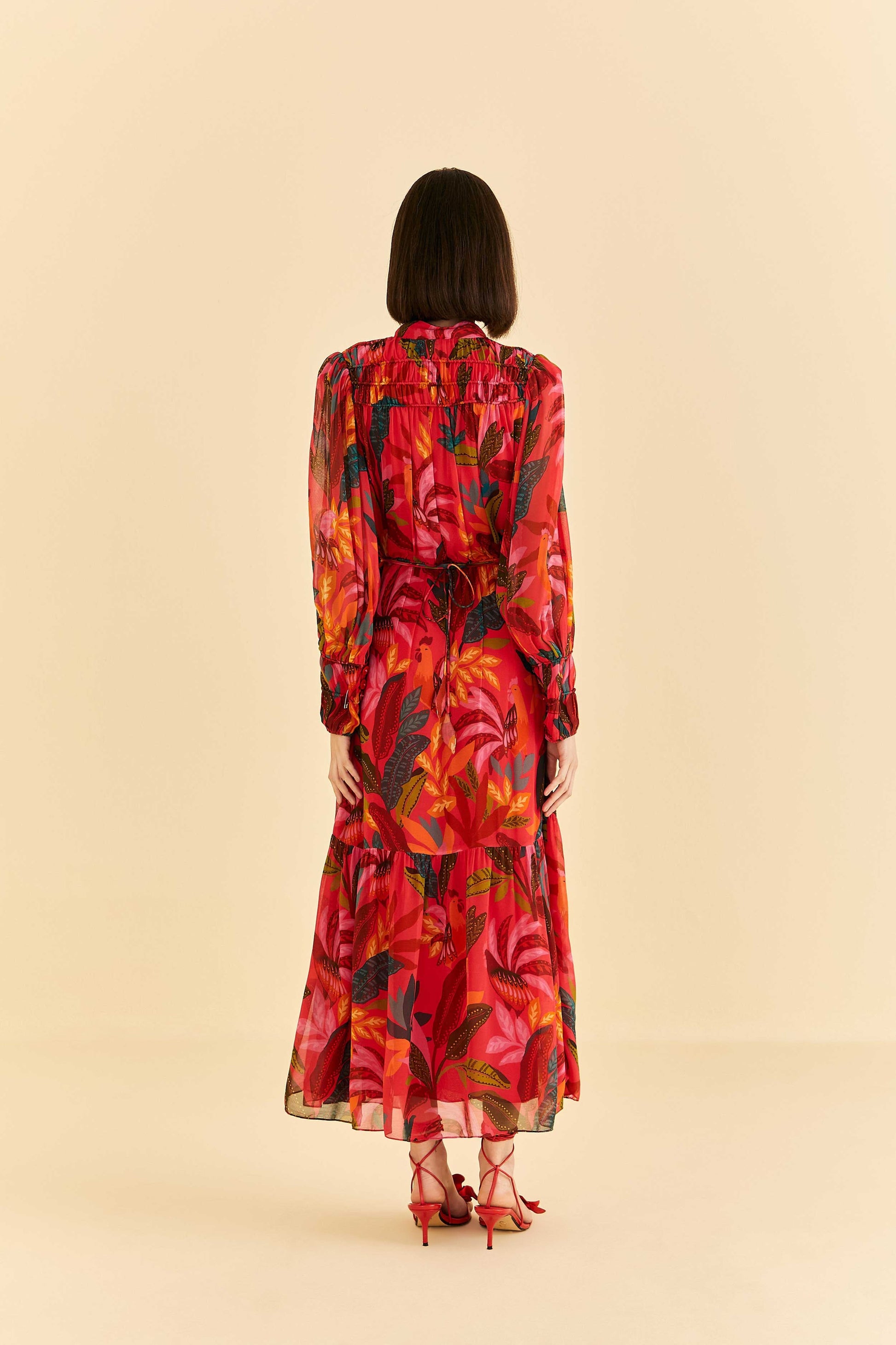 Farm Rio Red Rooster Leaves Long Sleeve Maxi Dress