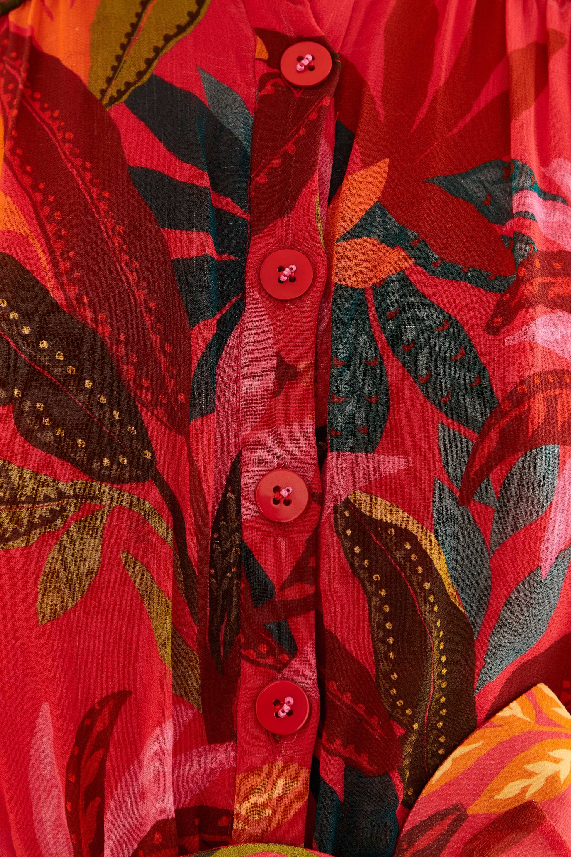 Farm Rio Red Rooster Leaves Long Sleeve Maxi Dress