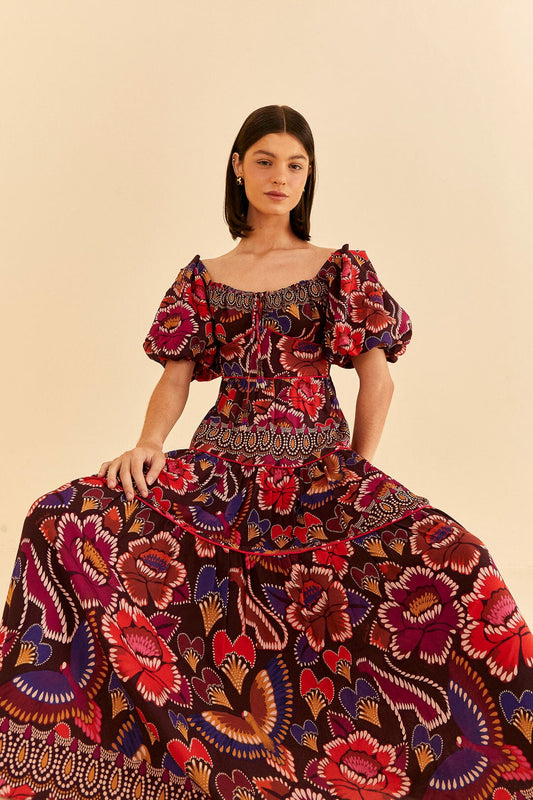 Farm Rio Brown Bright Flora Short Sleeve Midi Dress