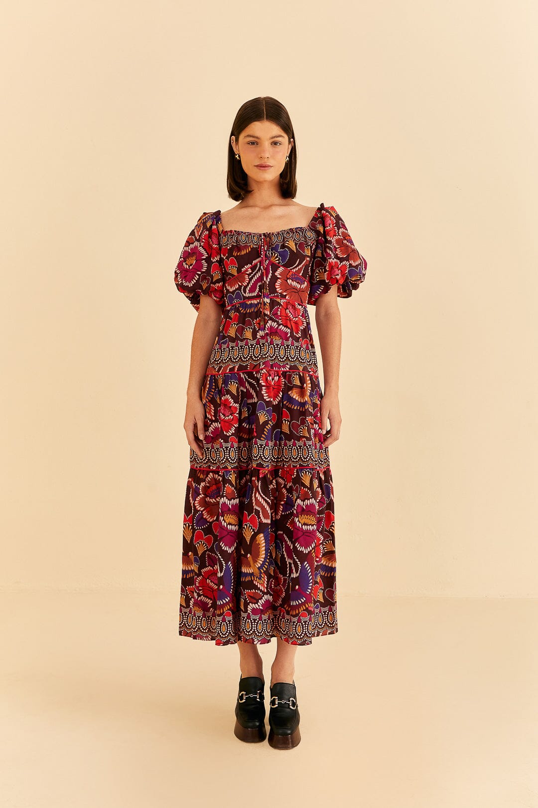 Farm Rio Brown Bright Flora Short Sleeve Midi Dress