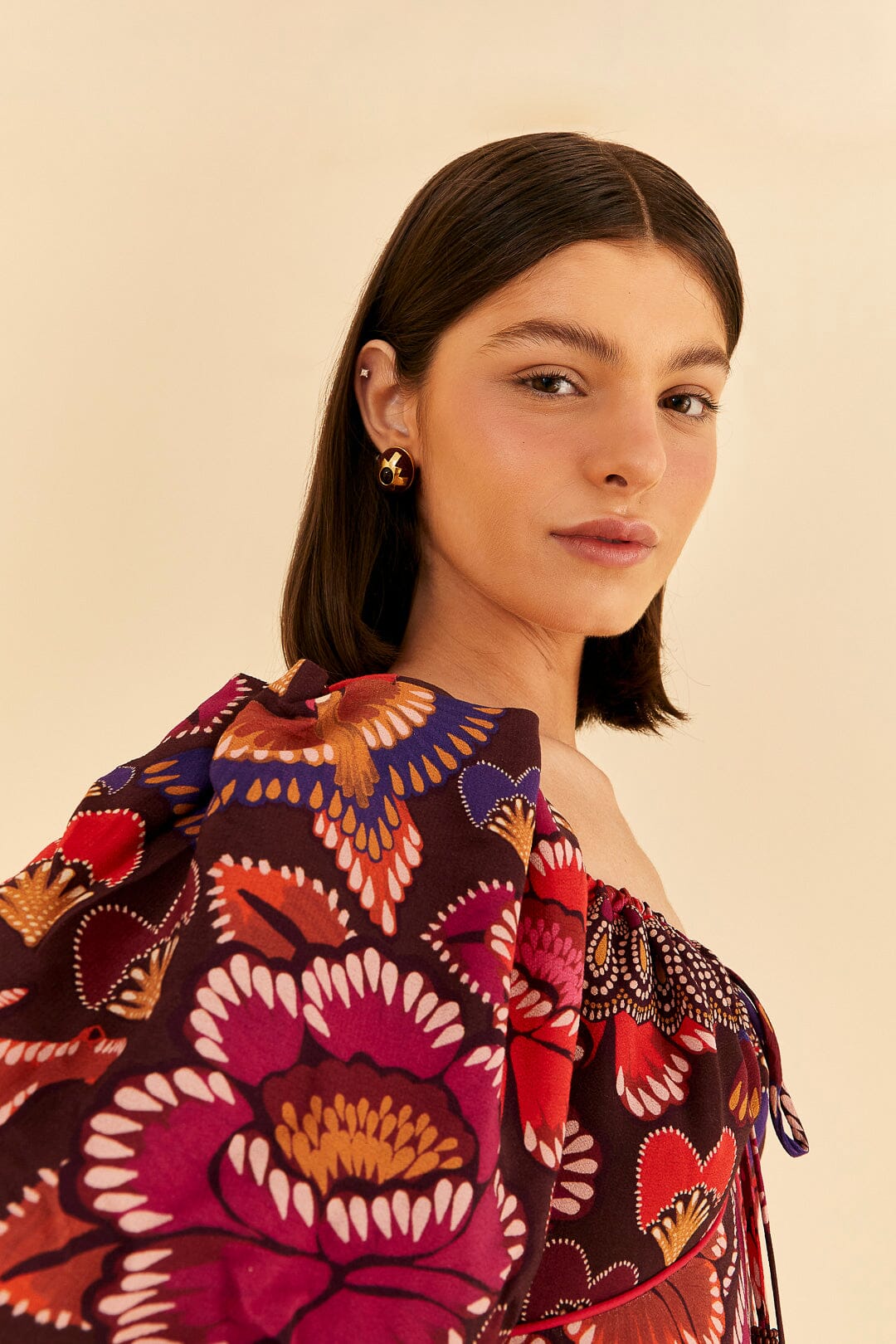 Farm Rio Brown Bright Flora Short Sleeve Midi Dress