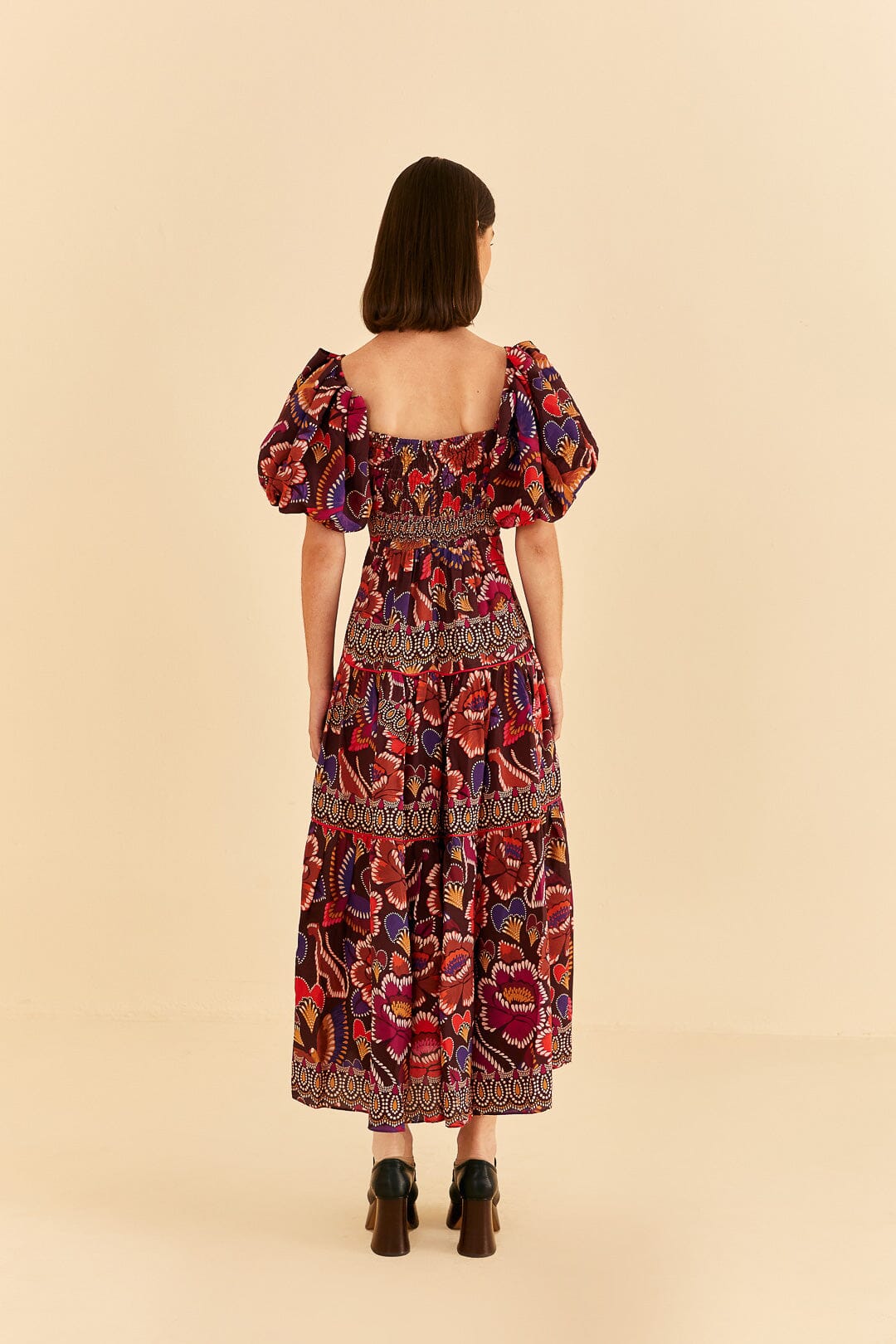 Farm Rio Brown Bright Flora Short Sleeve Midi Dress