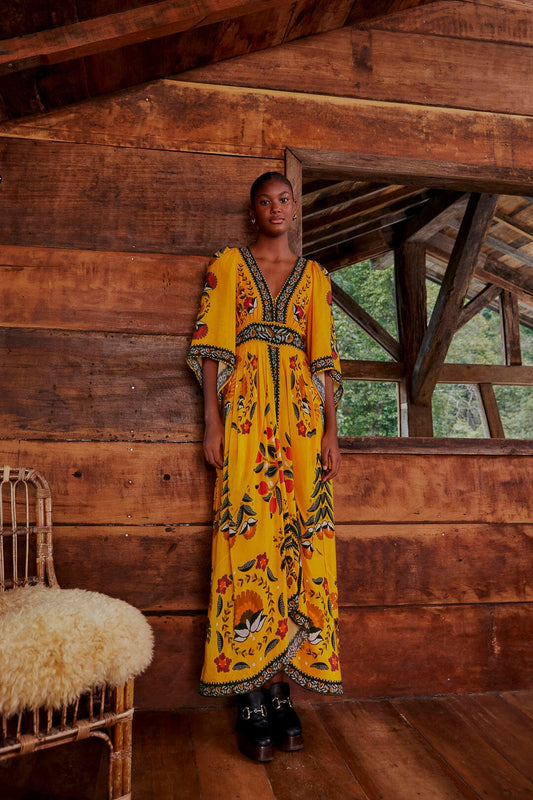 Farm Rio Yellow Tropical Tapestry Kaftan Dress