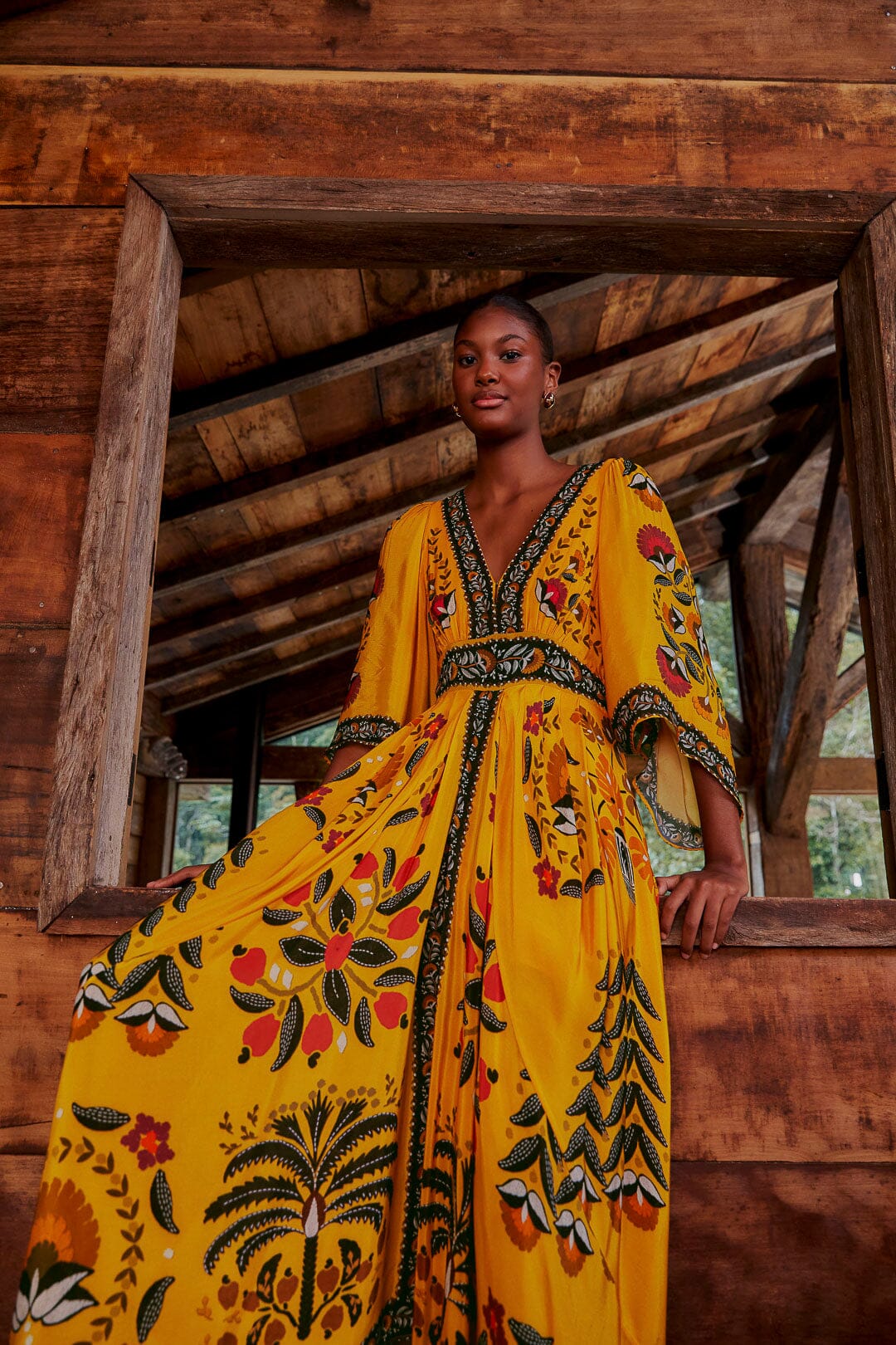 Farm Rio Yellow Tropical Tapestry Kaftan Dress