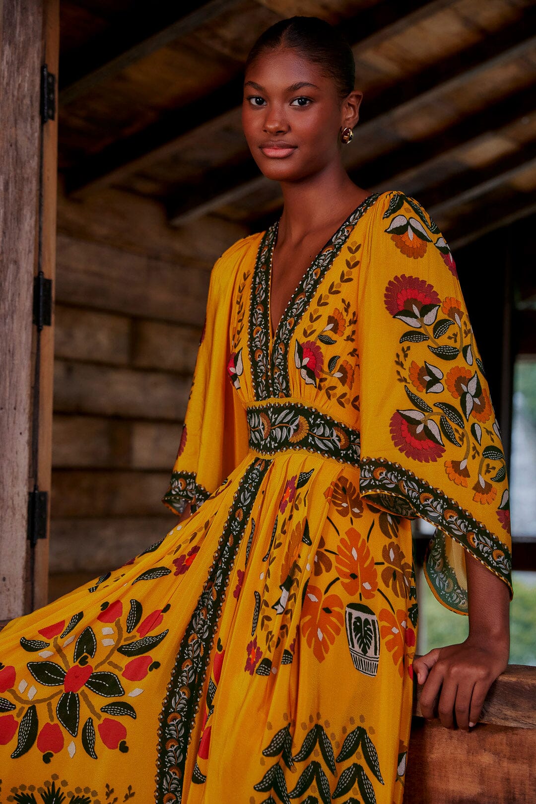 Farm Rio Yellow Tropical Tapestry Kaftan Dress