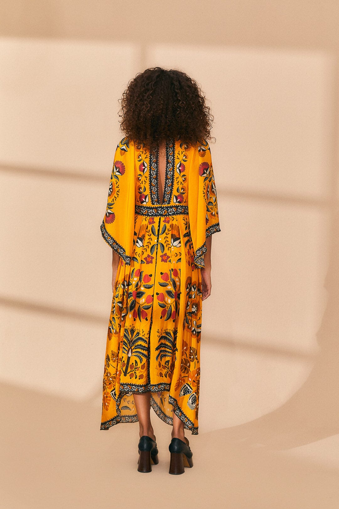 Farm Rio Yellow Tropical Tapestry Kaftan Dress