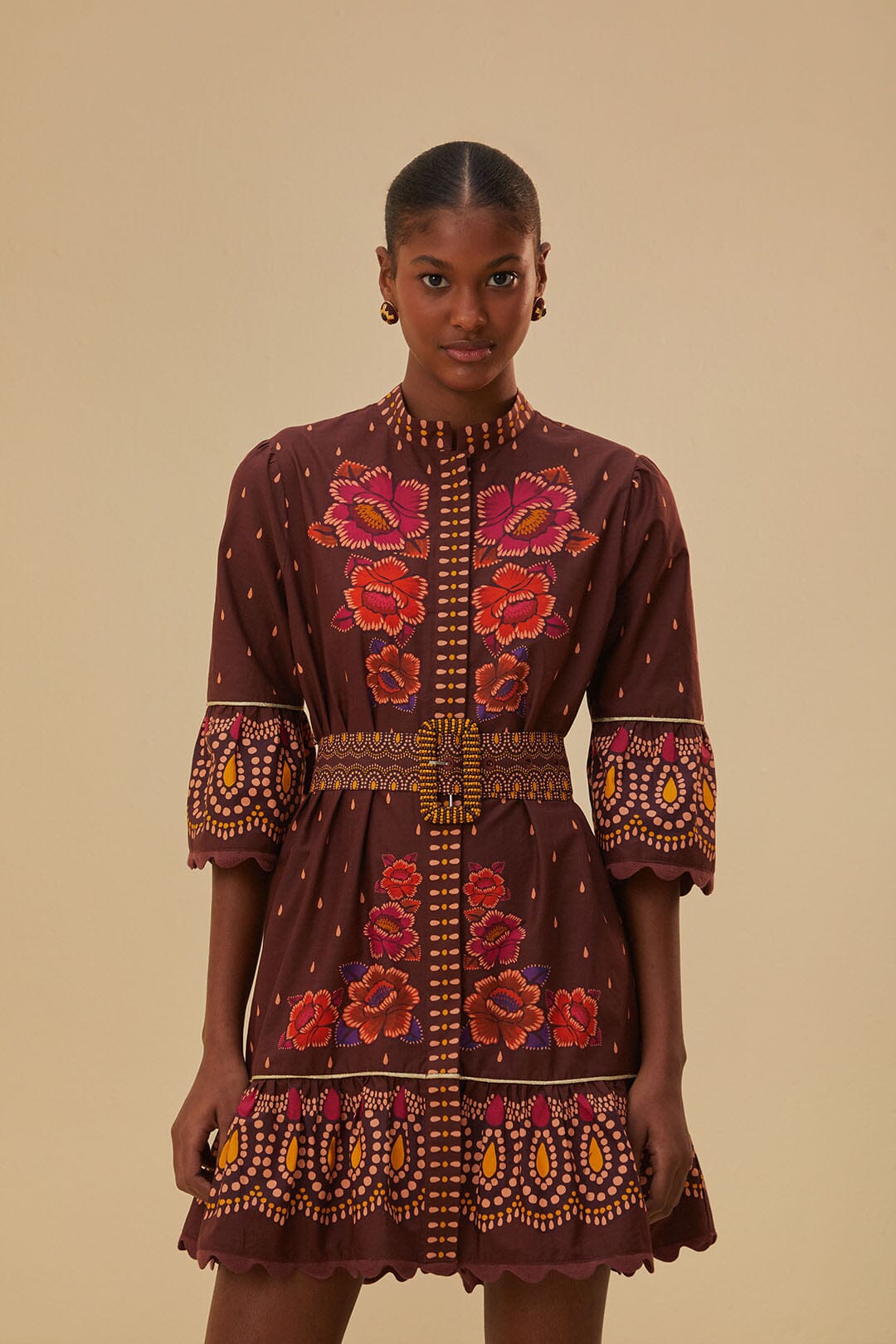 Farm Rio Brown Bright Flora Short Sleeve Mini Dress