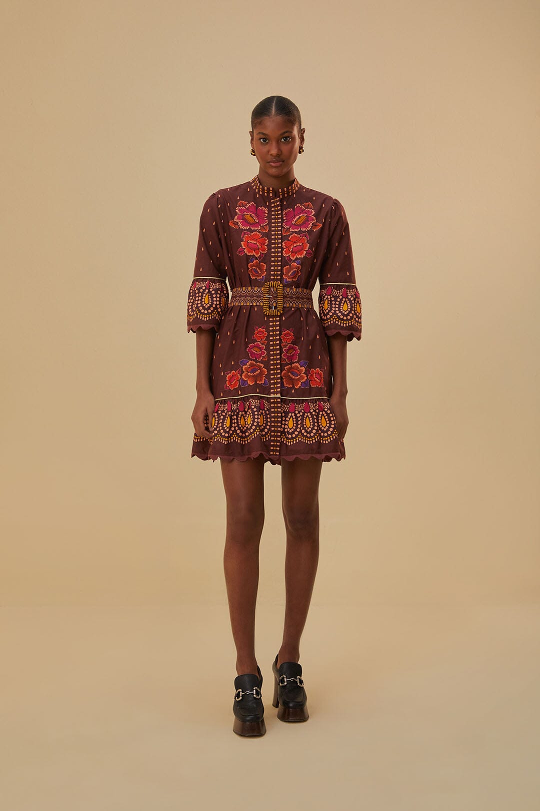 Farm Rio Brown Bright Flora Short Sleeve Mini Dress