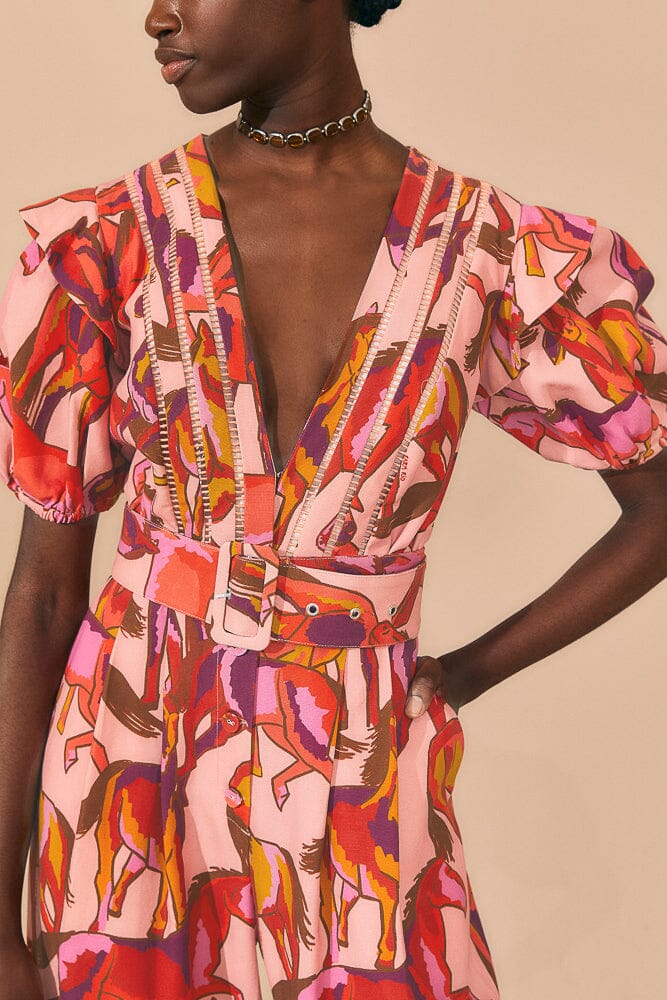 Farm Rio Rose Wild Horses Pleated Short Sleeve Jumpsuit
