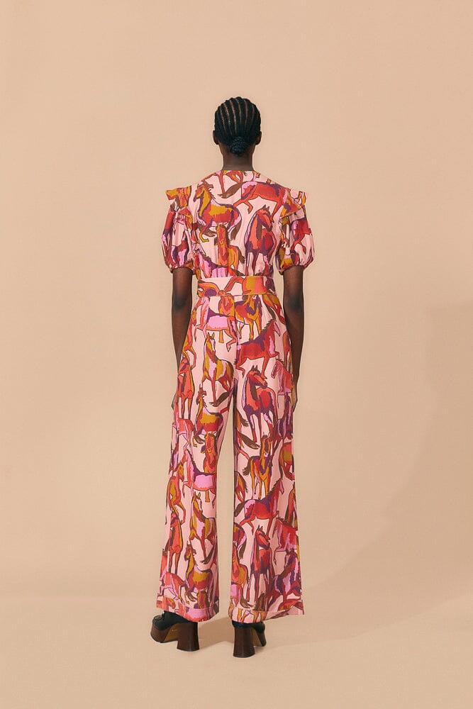 Farm Rio Rose Wild Horses Pleated Short Sleeve Jumpsuit