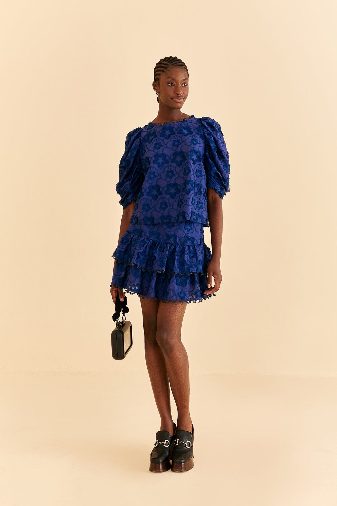 Farm Rio Navy Blue 3d Star Texture Blouse