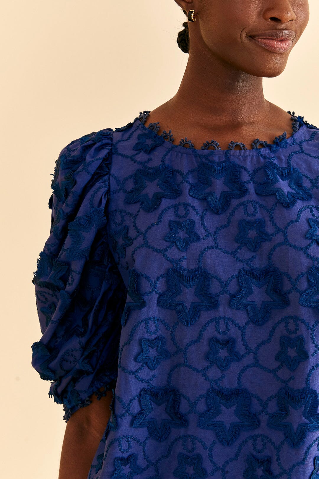 Farm Rio Navy Blue 3d Star Texture Blouse