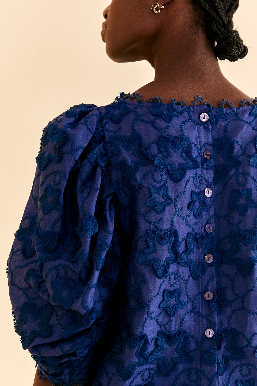 Farm Rio Navy Blue 3d Star Texture Blouse