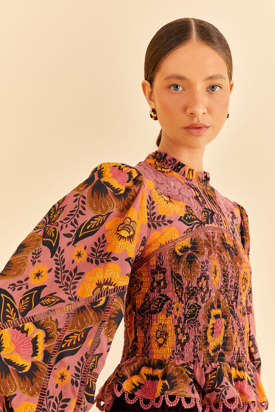 Farm Rio Blush Garden Bloom Smocked Blouse