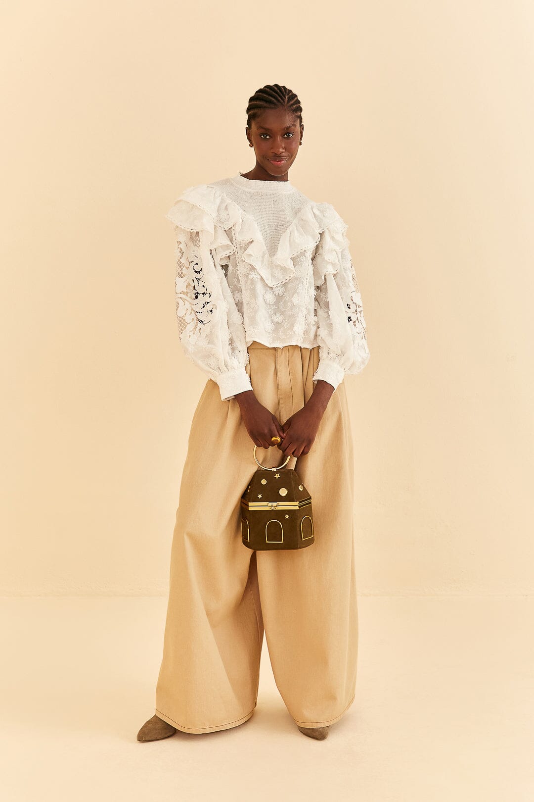 Farm Rio Off-White Smocked Yoke 3d Flower Blouse