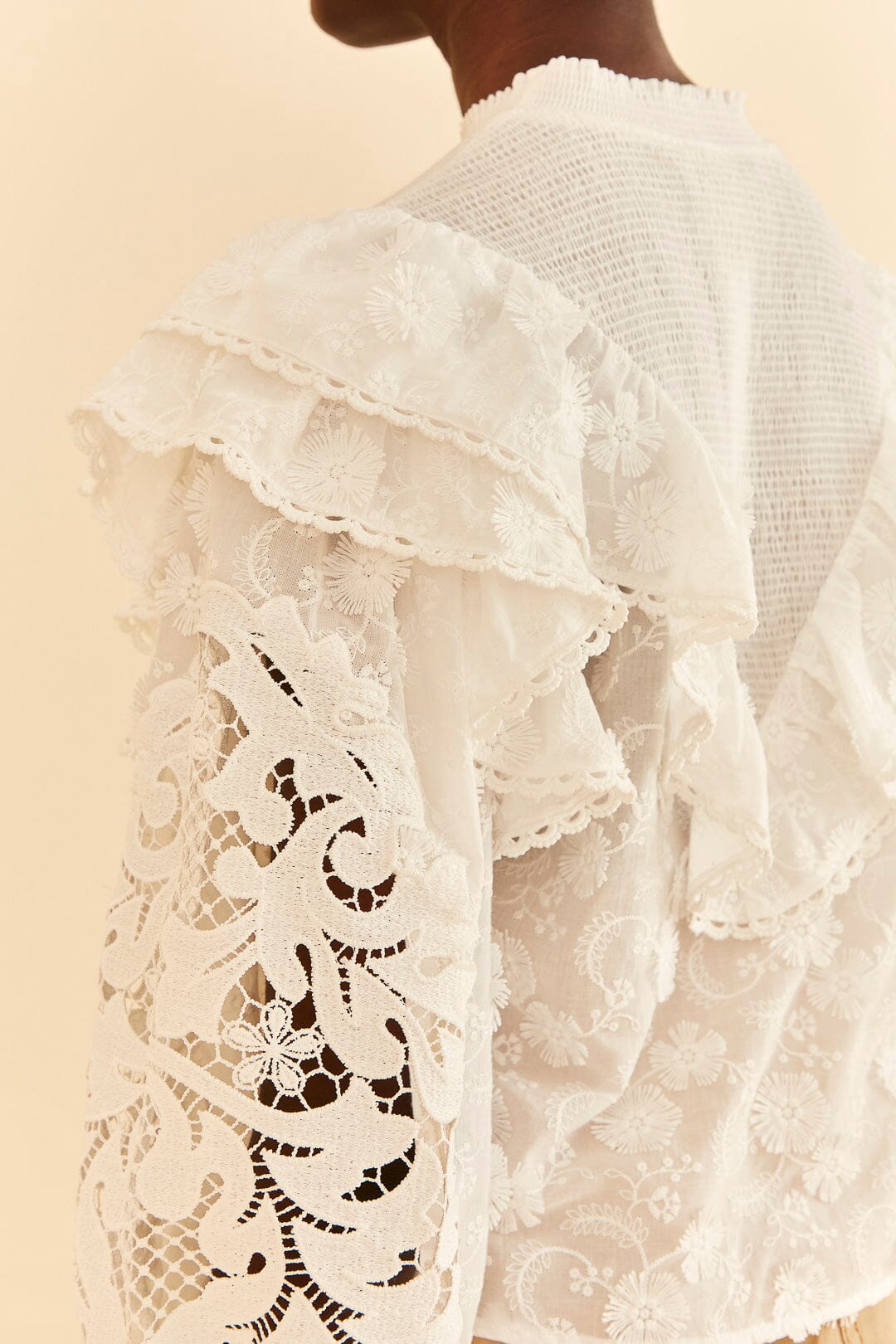 Farm Rio Off-White Smocked Yoke 3d Flower Blouse