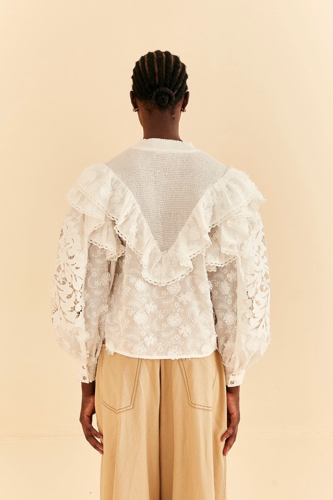 Farm Rio Off-White Smocked Yoke 3d Flower Blouse