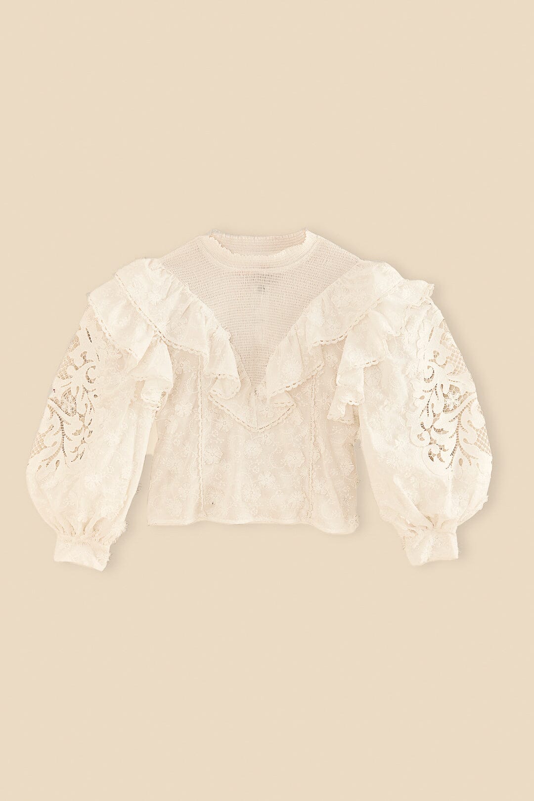 Farm Rio Off-White Smocked Yoke 3d Flower Blouse