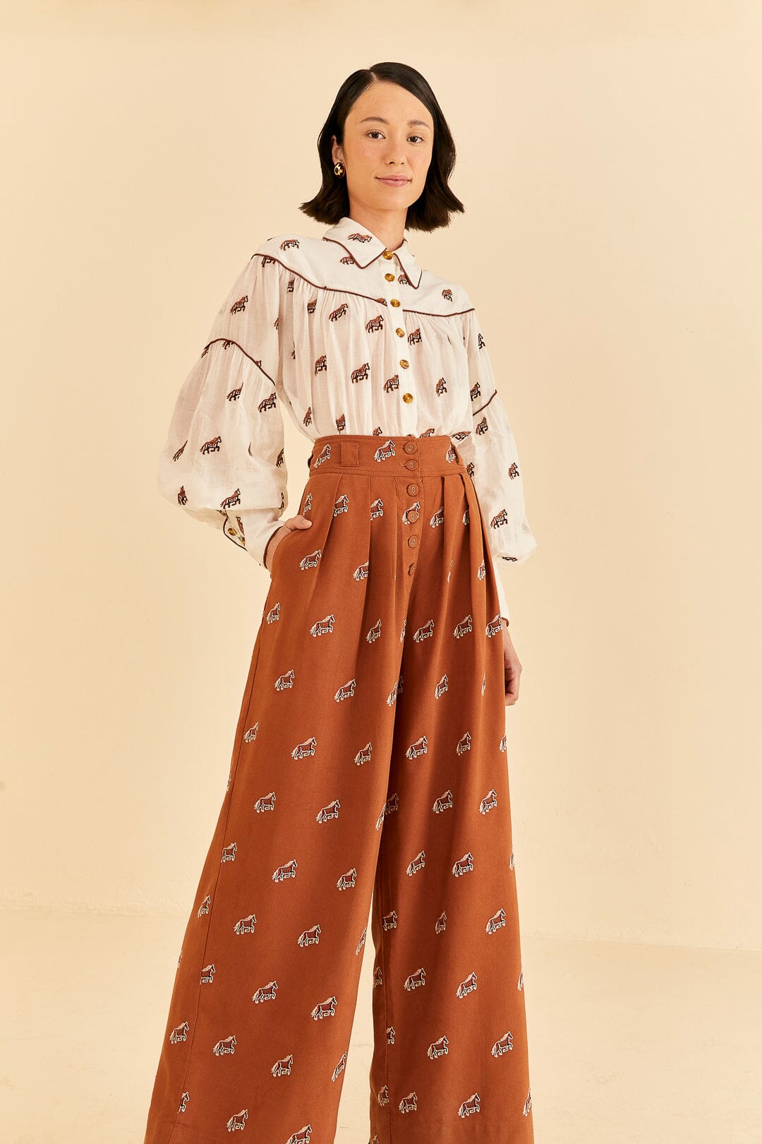 Farm Rio Caramel Embroidered Horses Pants
