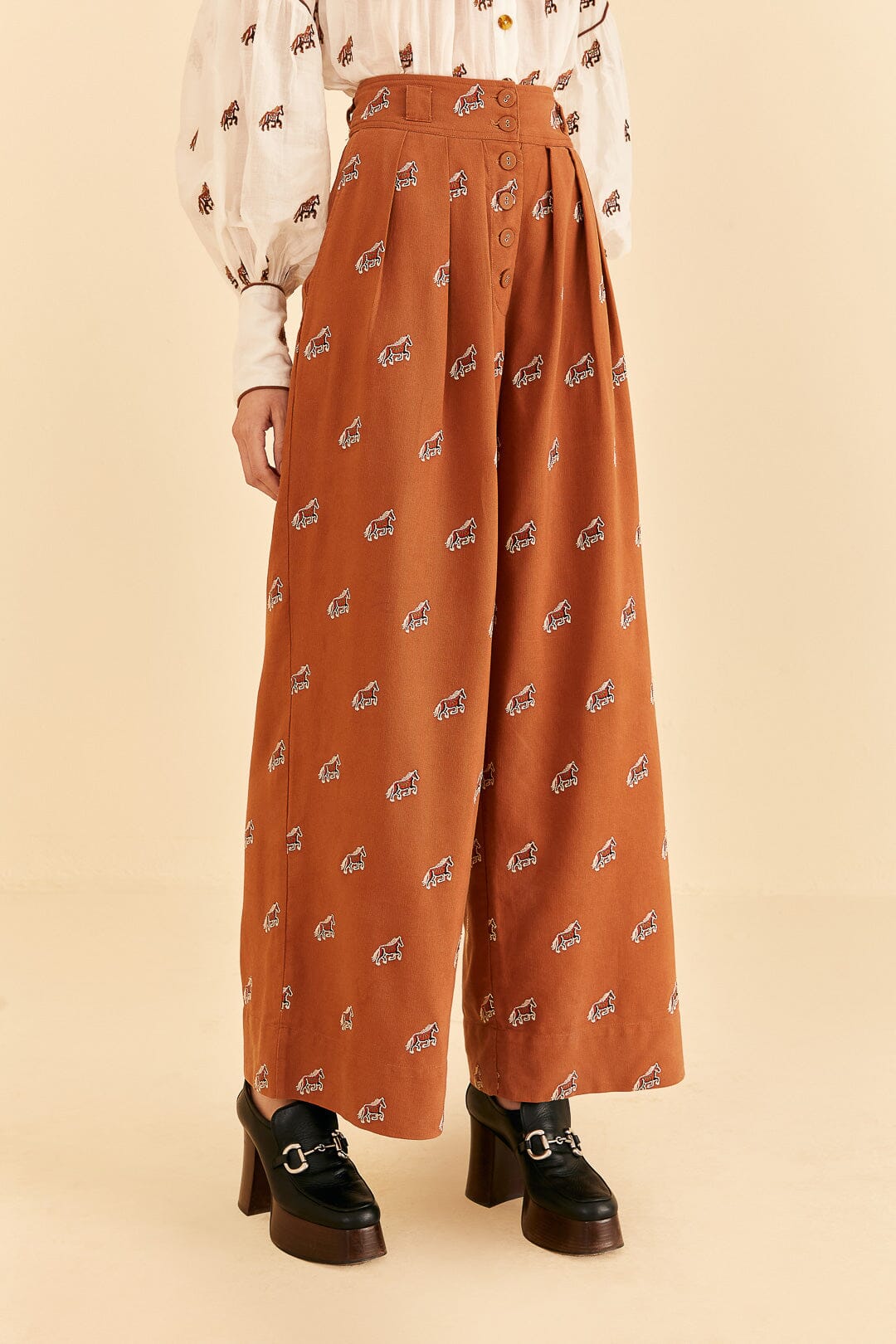 Farm Rio Caramel Embroidered Horses Pants