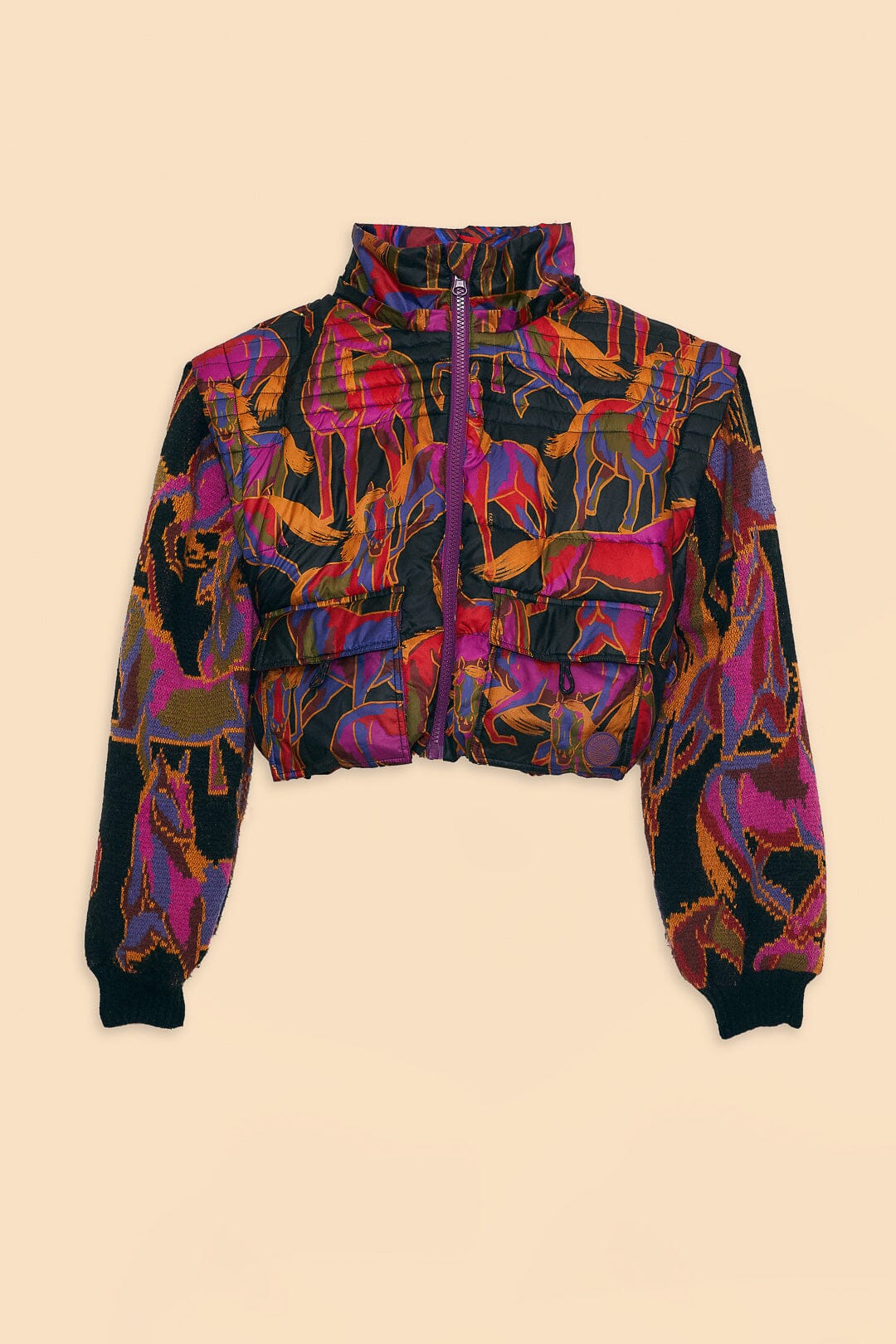 Farm Rio Black Wild Horses Reversible Puffer Jacket