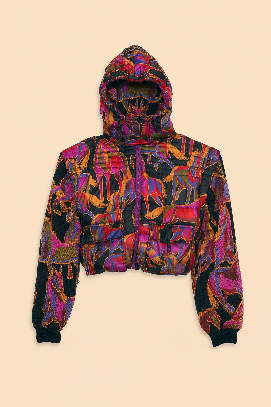 Farm Rio Black Wild Horses Reversible Puffer Jacket