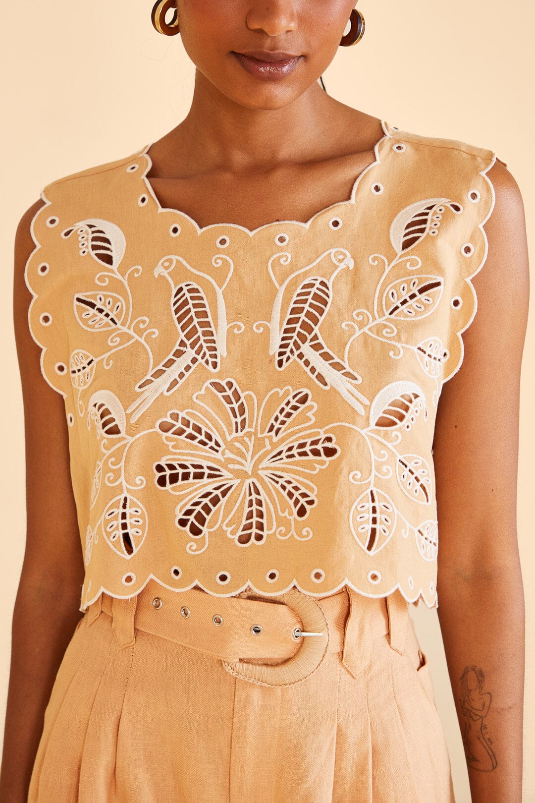 Farm Rio Sand Richelieu Sleeveless Crop Top