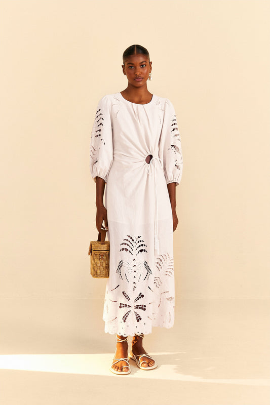 Farm Rio Off-White Richelieu Cut Out Midi Dress