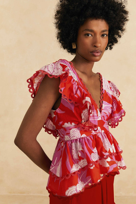Farm Rio Red Dewdrop Floral Sleeveless Blouse